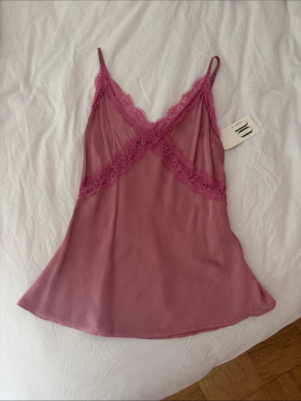 Pink lace trim satin top - NWT
